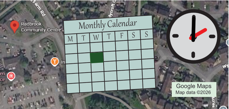 Graphic for the Digital Photography group, shows location, calendar and time.