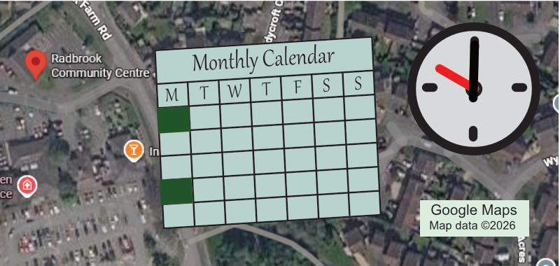 Graphic for the Folk Music group, shows location, calendar and time.