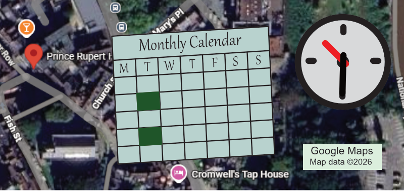 Graphic for the German group, shows location, calendar and time.