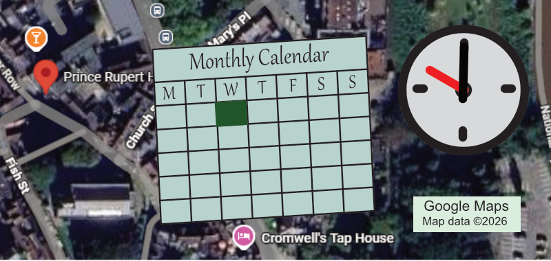 Graphic for the Reading 2 group, shows location, calendar and time.
