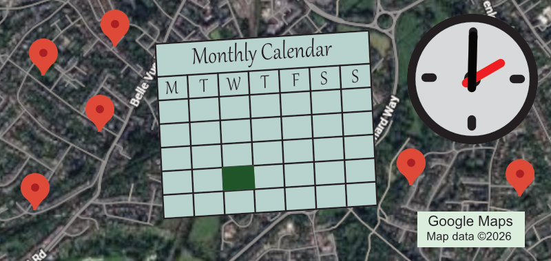 Graphic for the Clock Repairing for Beginners group, shows location, calendar and time.