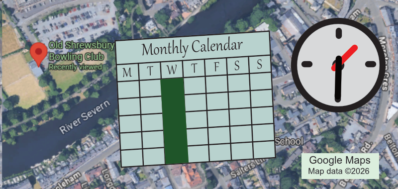 Graphic for the Crown Green Bowls group, shows location, calendar and time.