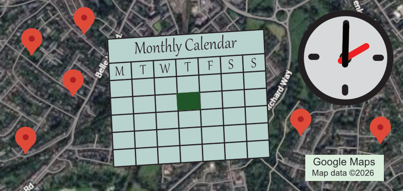 Graphic for the Economics group, shows location, calendar and time.