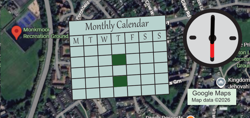 Graphic for the Golf Croquet group, shows location, calendar and time.