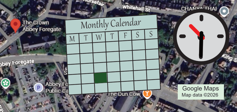 Graphic for the Living Sustainably group, shows location, calendar and time.