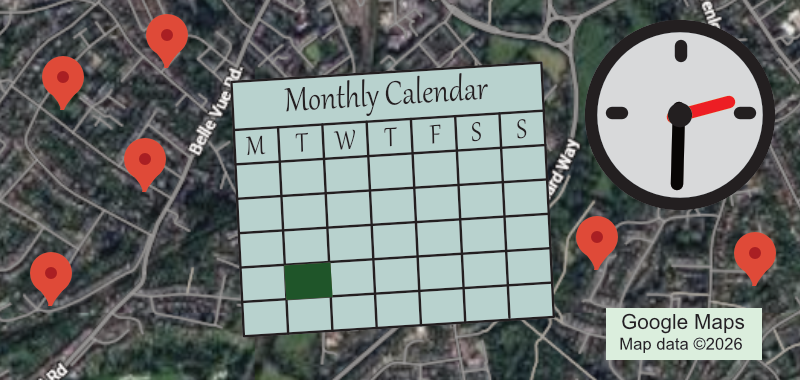 Graphic for the Motown and Funk soul 2 group, shows location, calendar and time.