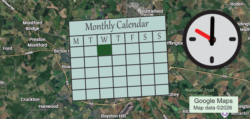 Graphic for the Nature Watch 2 group, shows location, calendar and time.