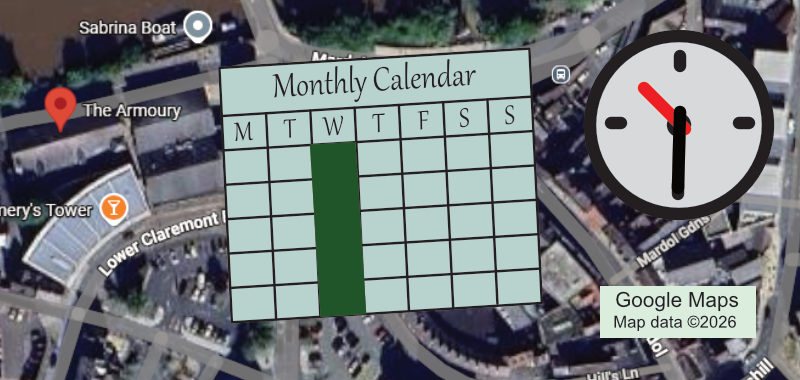 Graphic for the One Club 2 group, shows location, calendar and time.