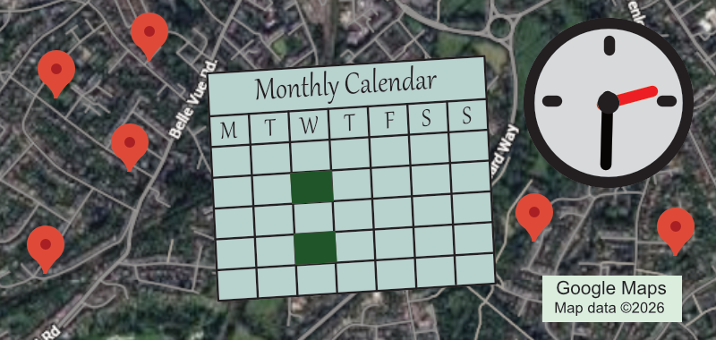 Graphic for the Play Write record group, shows location, calendar and time.