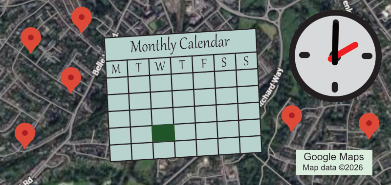Graphic for the Reading 1 group, shows location, calendar and time.