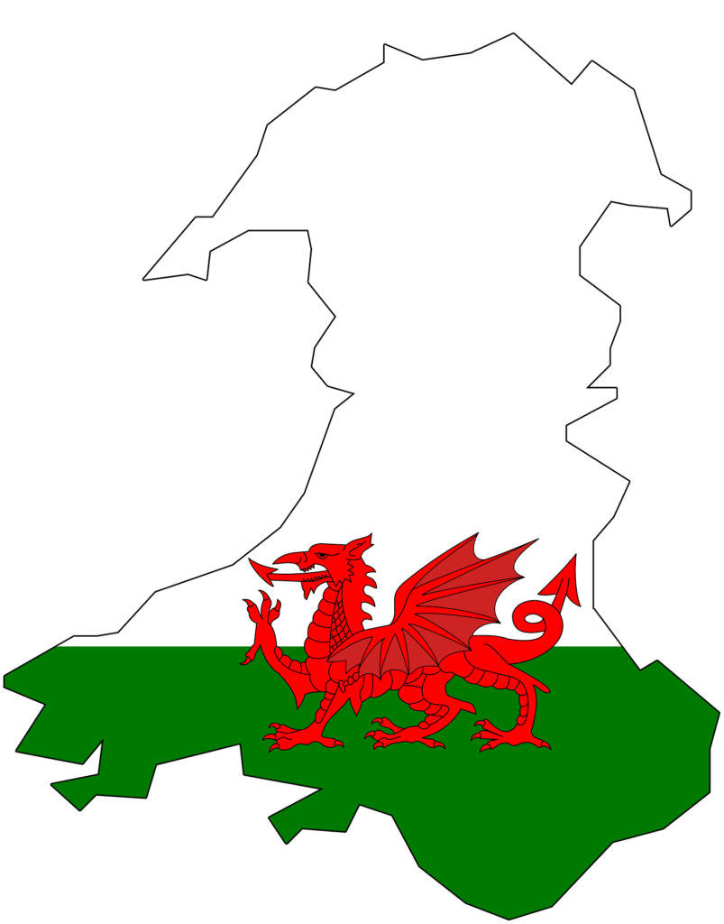 Outline map of Wales with the flag and dragon
